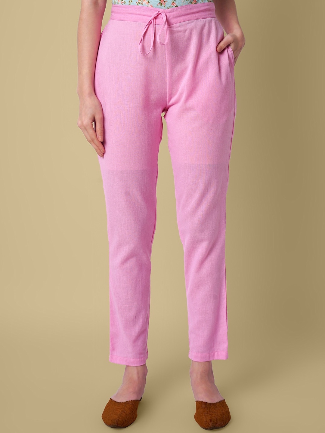 

DAEVISH Women Mid-Rise Relaxed Straight Leg Pure Cotton Cigerette Trousers, Pink