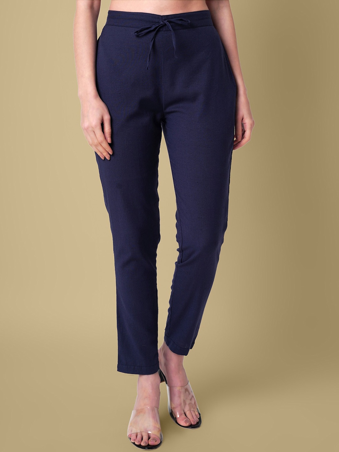 

DAEVISH Women Mid-Rise Relaxed Straight Leg Pure Cotton Cigerette Trousers, Navy blue