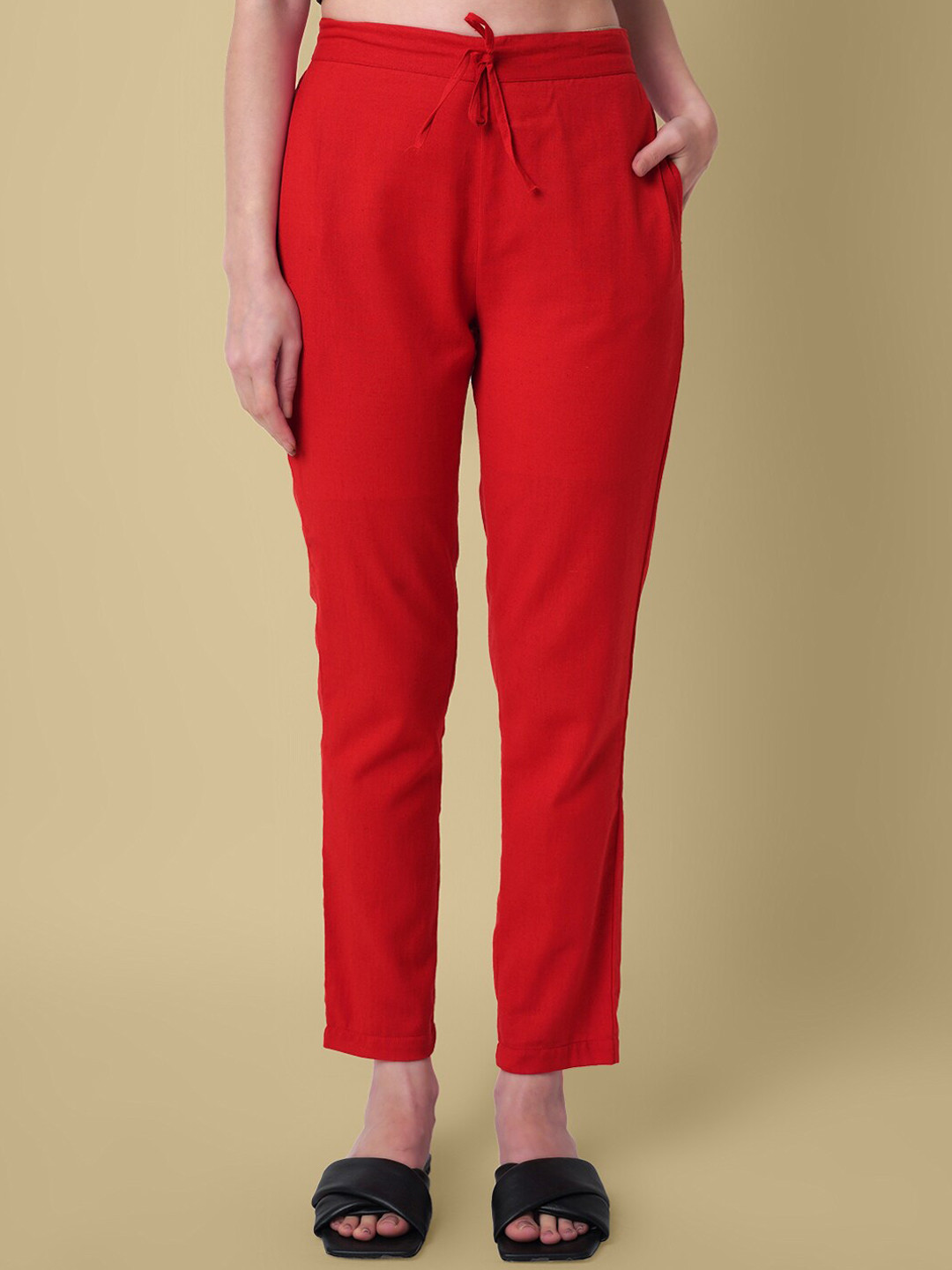 

DAEVISH Women Mid-Rise Relaxed Straight Leg Pure Cotton Cigerette Trousers, Red