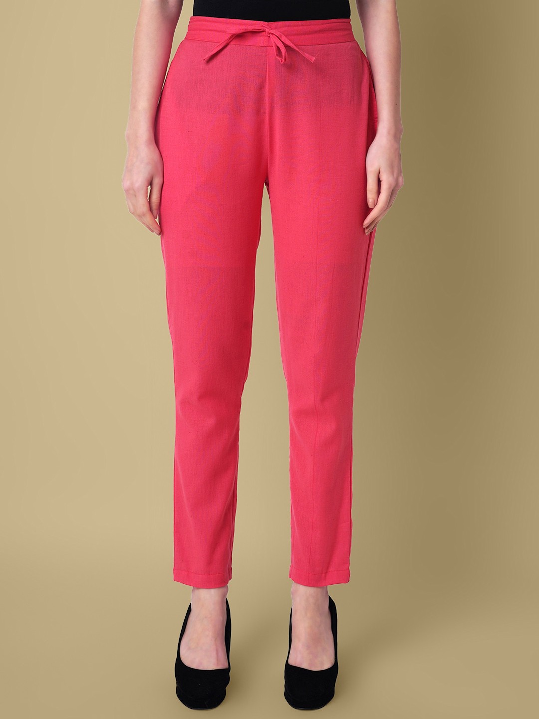 

DAEVISH Women Mid-Rise Relaxed Straight Leg Pure Cotton Cigerette Trousers, Red