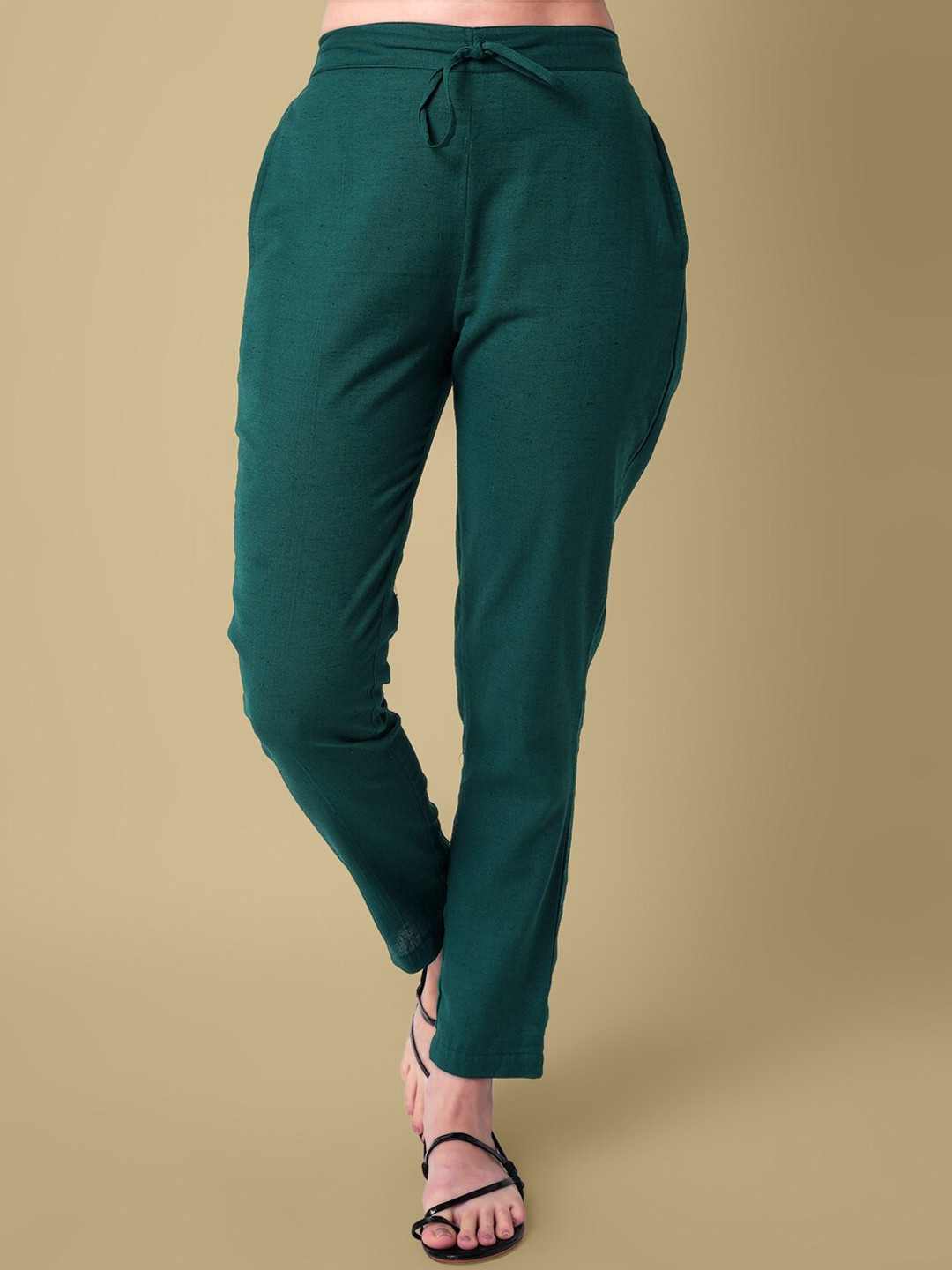 

DAEVISH Women Relaxed Straight Leg Straight Fit Pure Cotton Trousers, Green