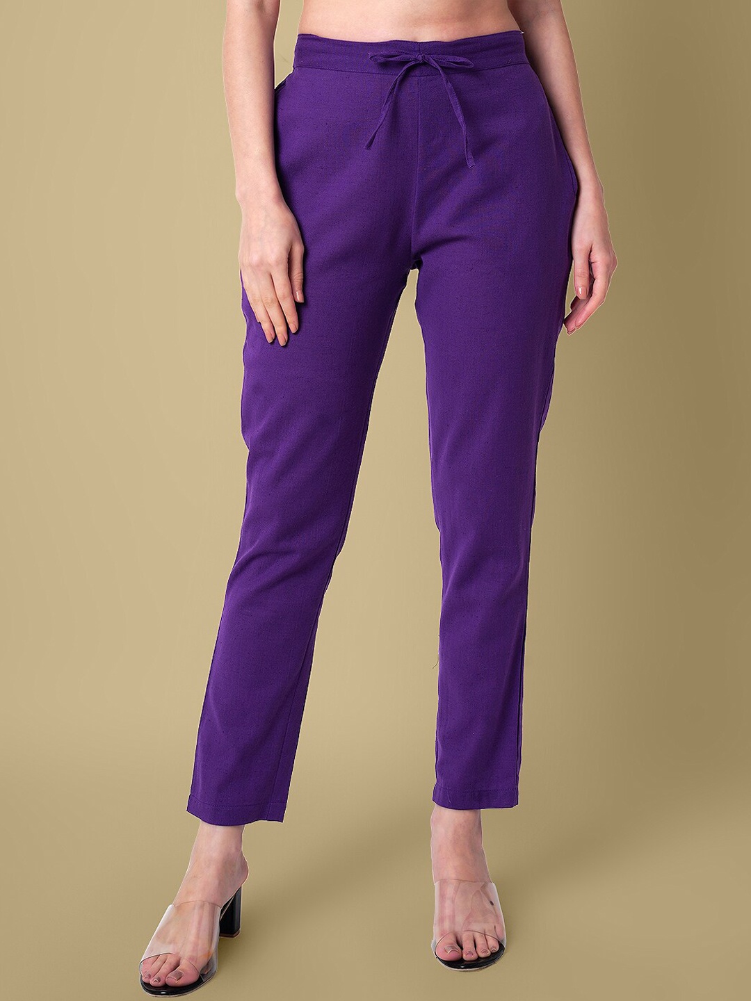 

DAEVISH Women Relaxed Straight Leg Straight Fit Pure Cotton Trousers, Purple