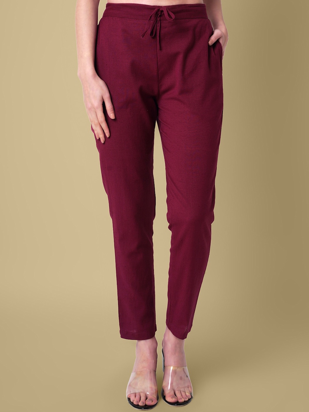 

DAEVISH Women Mid-Rise Relaxed Straight Leg Pure Cotton Chinos Trousers, Maroon