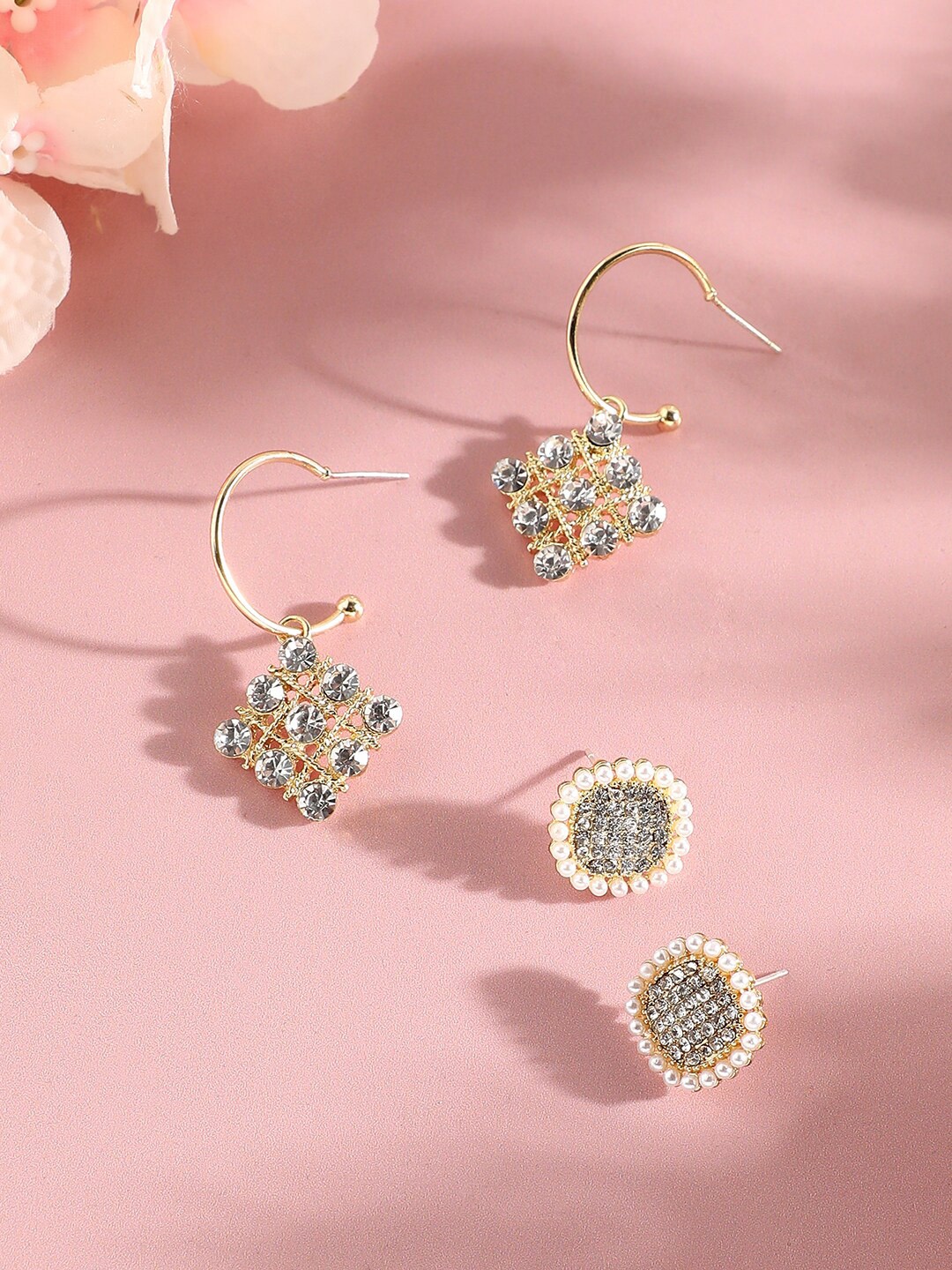 

SOHI Set Of 2 Gold-Plated Contemporary Drop & Studs Earrings