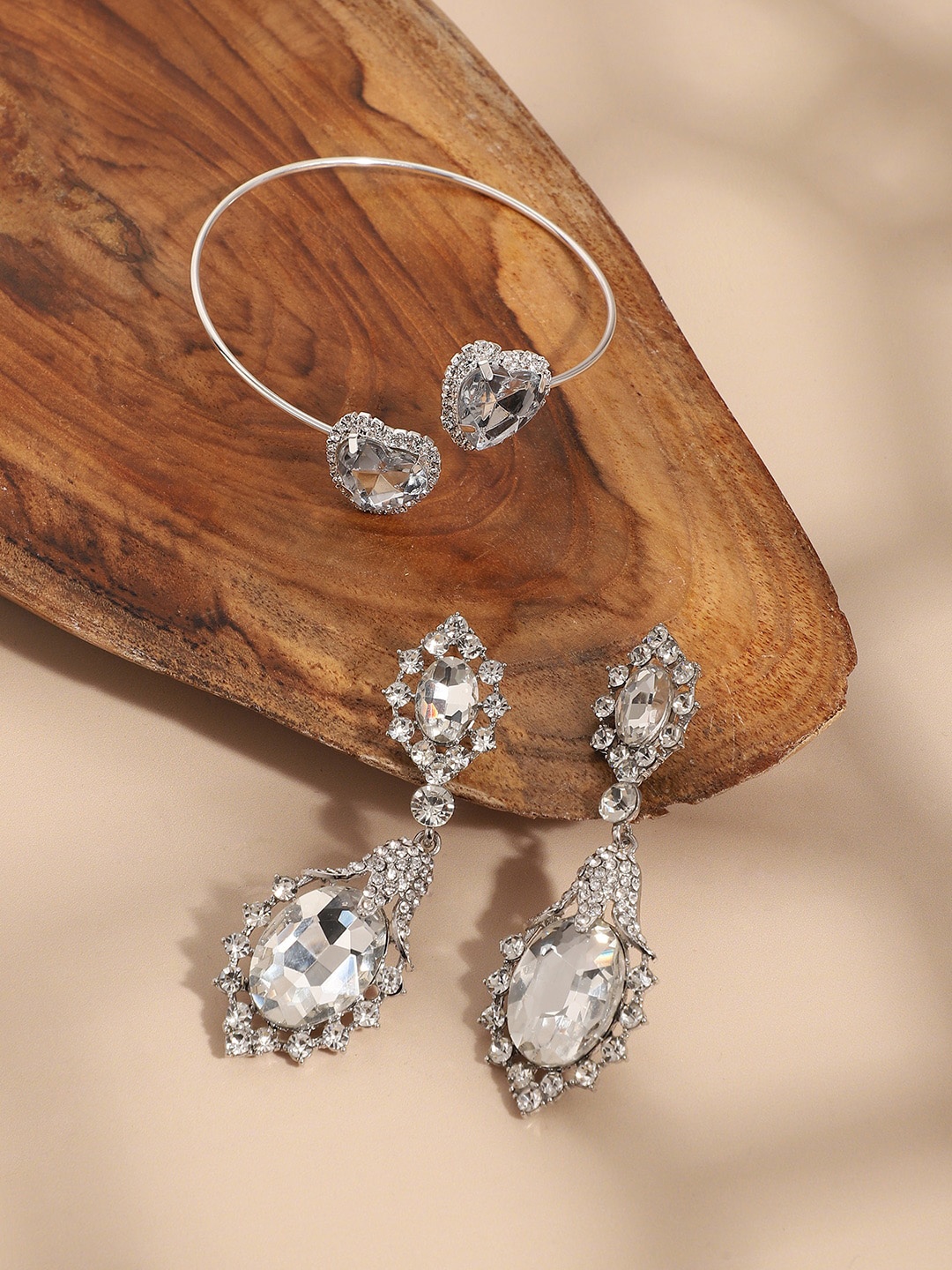 

SOHI Silver-Plated Stone-Studded Armlet With Drop Earrings Jewellery Set