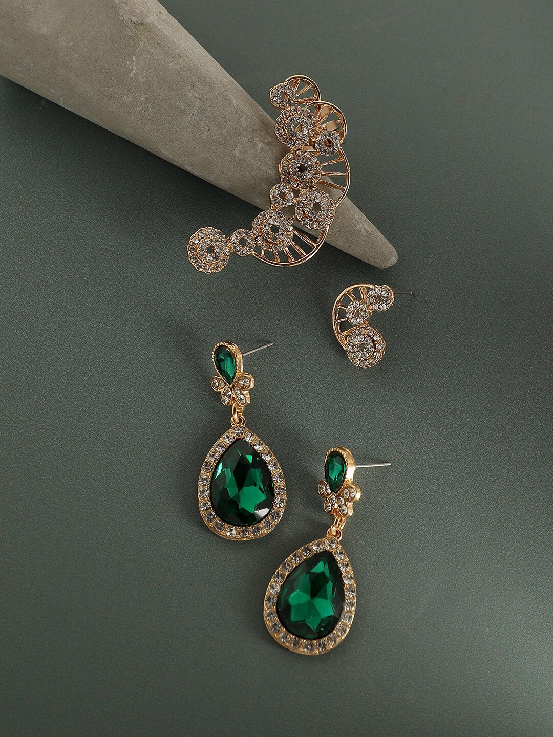

SOHI 3Pcs Gold-Plated Contemporary Drop & Ear Cuff Earrings