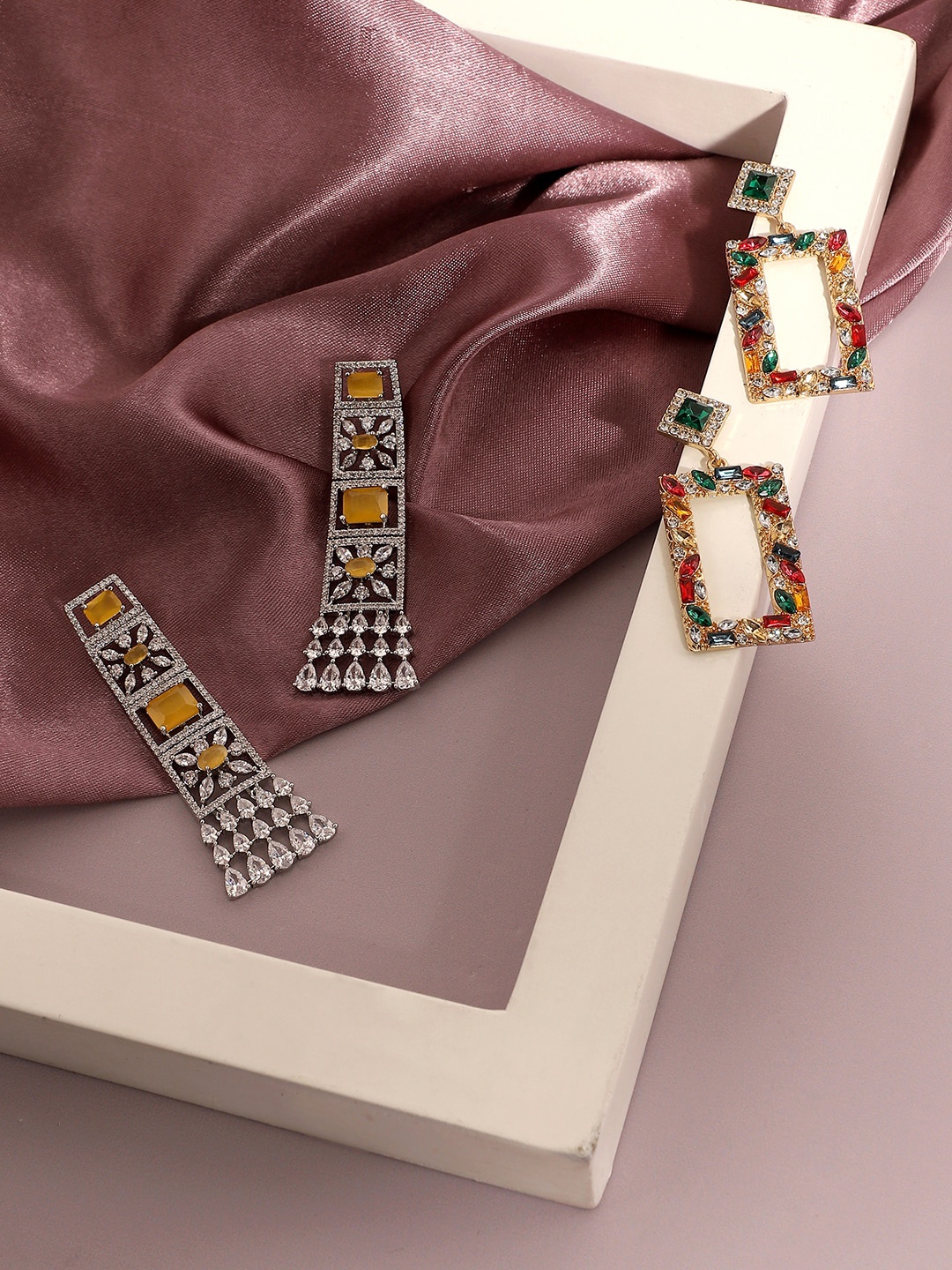 

SOHI 2Pcs Silver-Gold-Plated Contemporary Drop Earrings