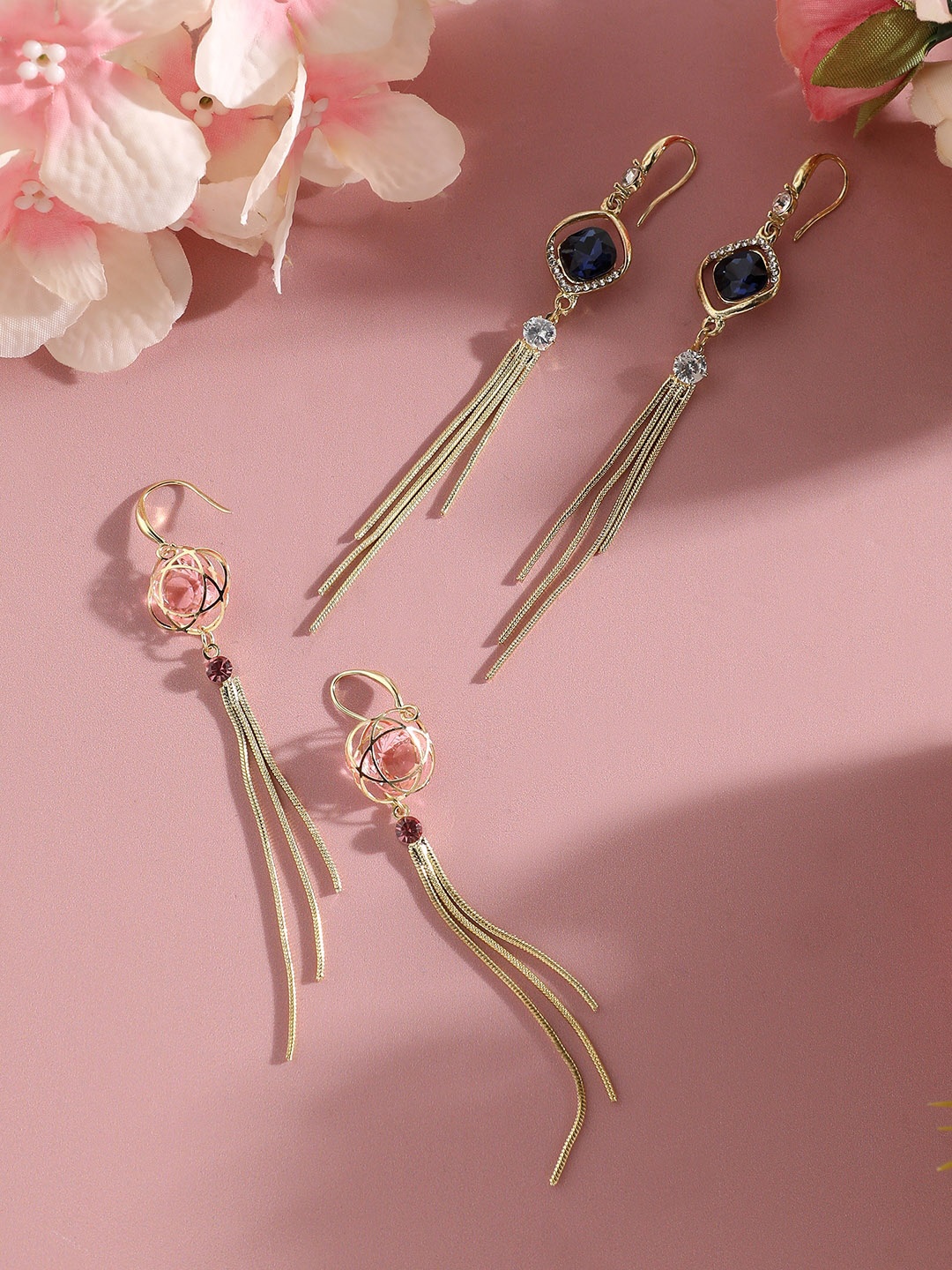 

SOHI Set Of 2 Gold-Plated Contemporary Drop Earrings, Pink