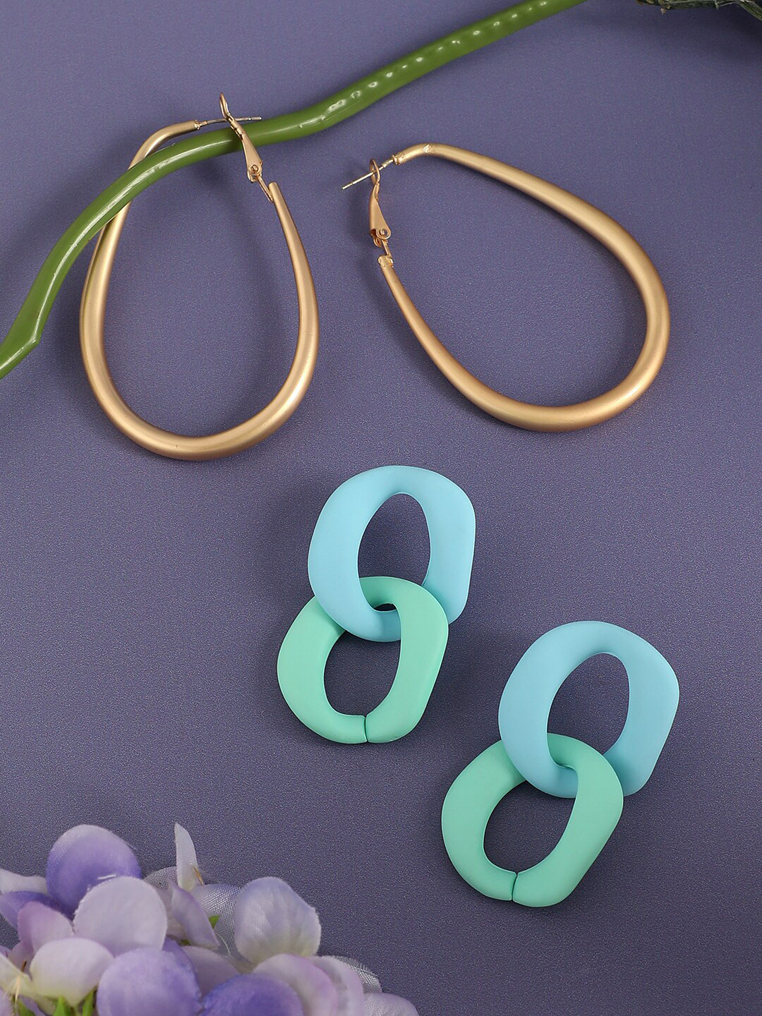 

SOHI 2Pcs Gold-Plated Geometric Drop & Hoop Earrings