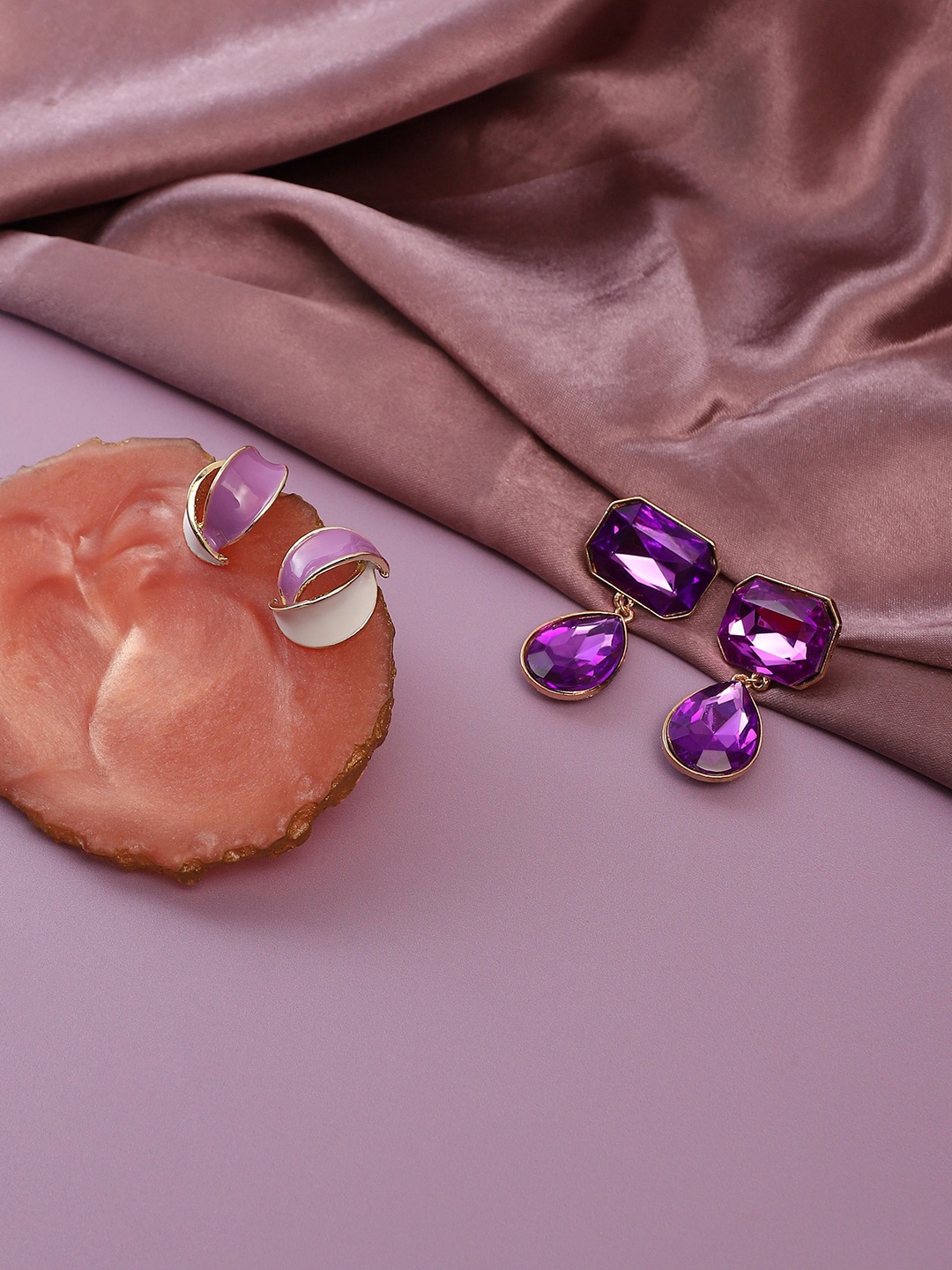 

SOHI Set Of 2 Gold-Plated Contemporary Stud & Drop Earrings, Purple