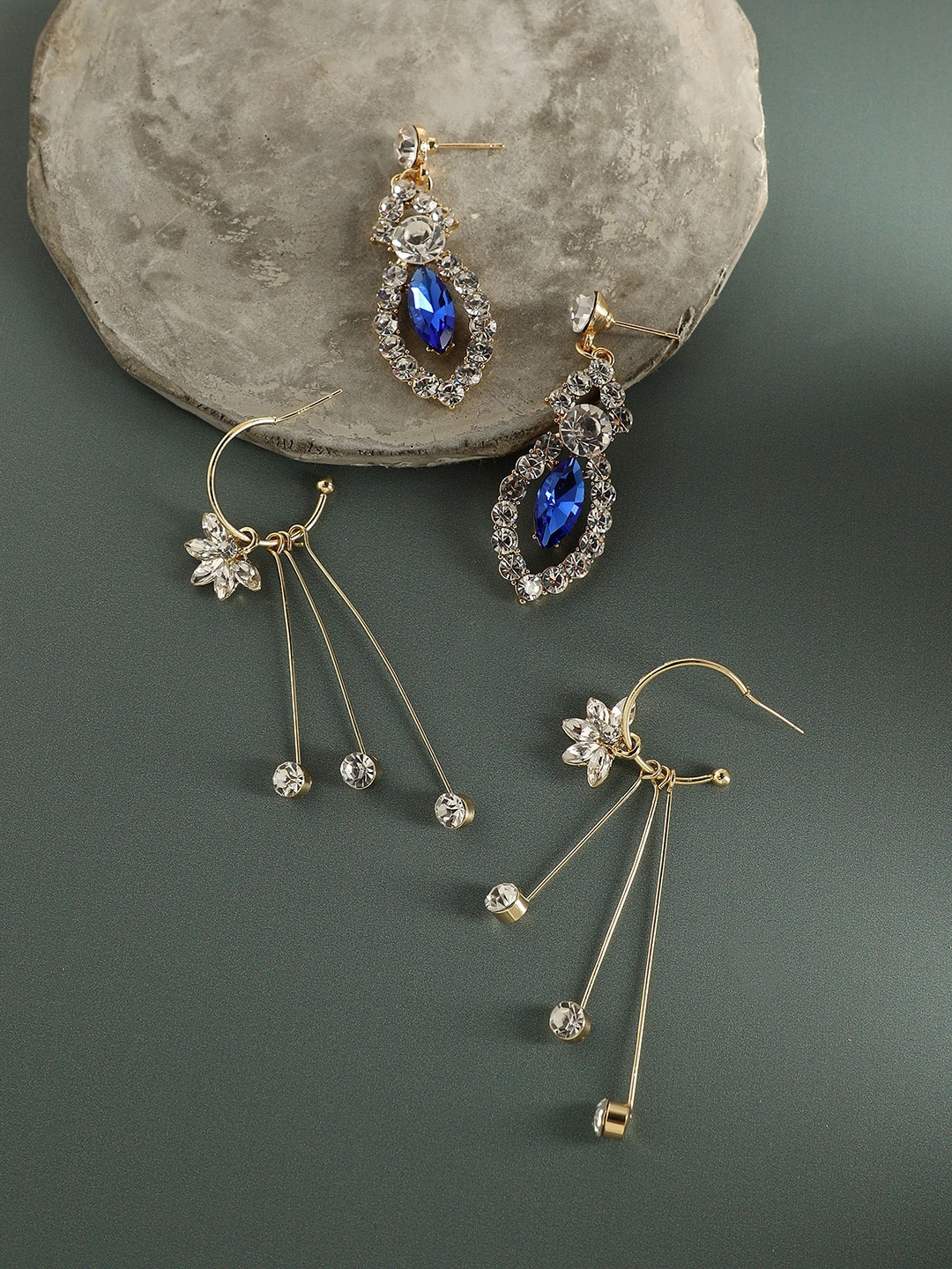 

SOHI Set Of 2 Gold-Plated Contemporary Drop & Stud Earrings