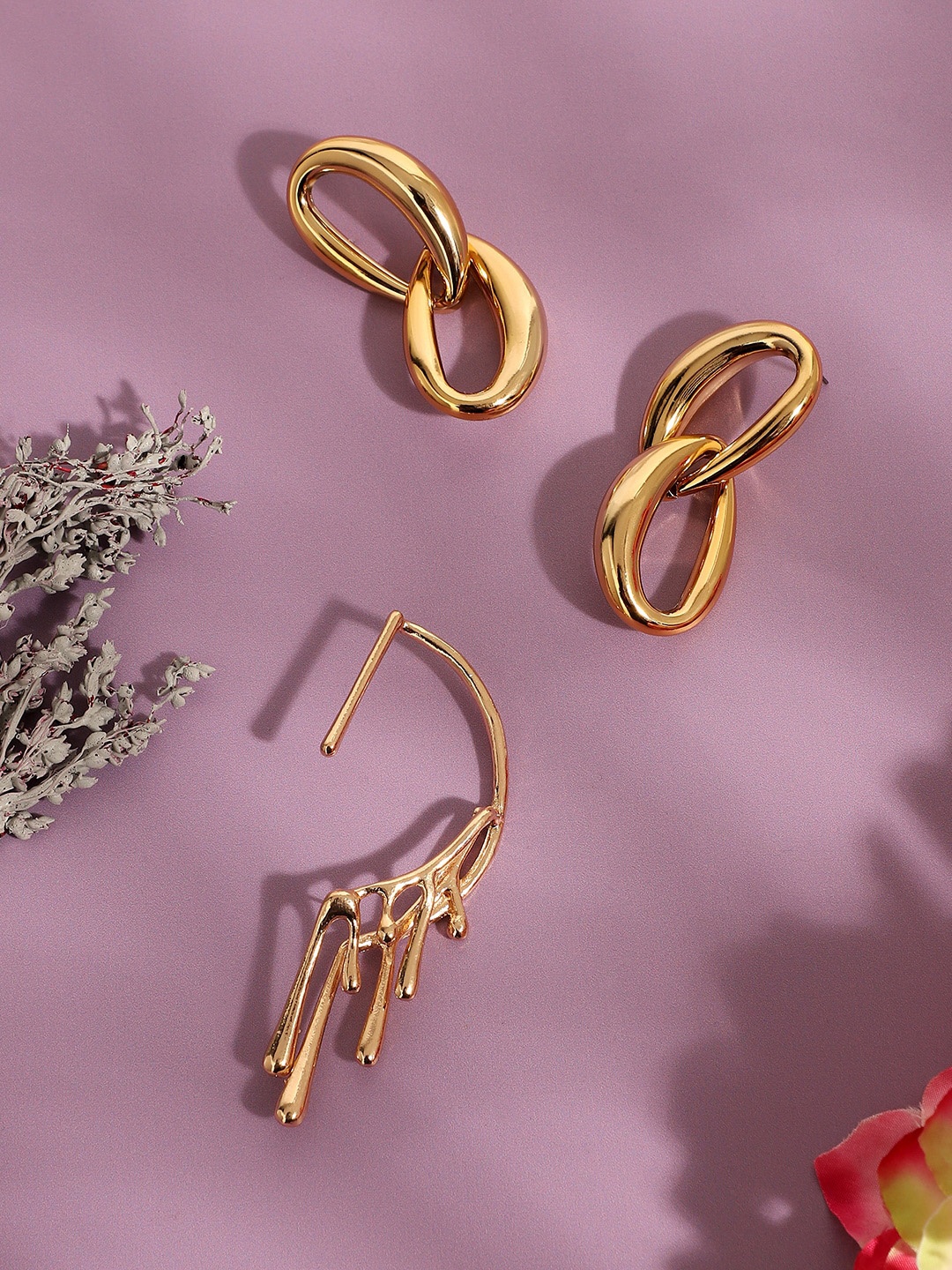

SOHI Set Of 2 Gold-Plated Contemporary Drop & Ear Cuff Earrings
