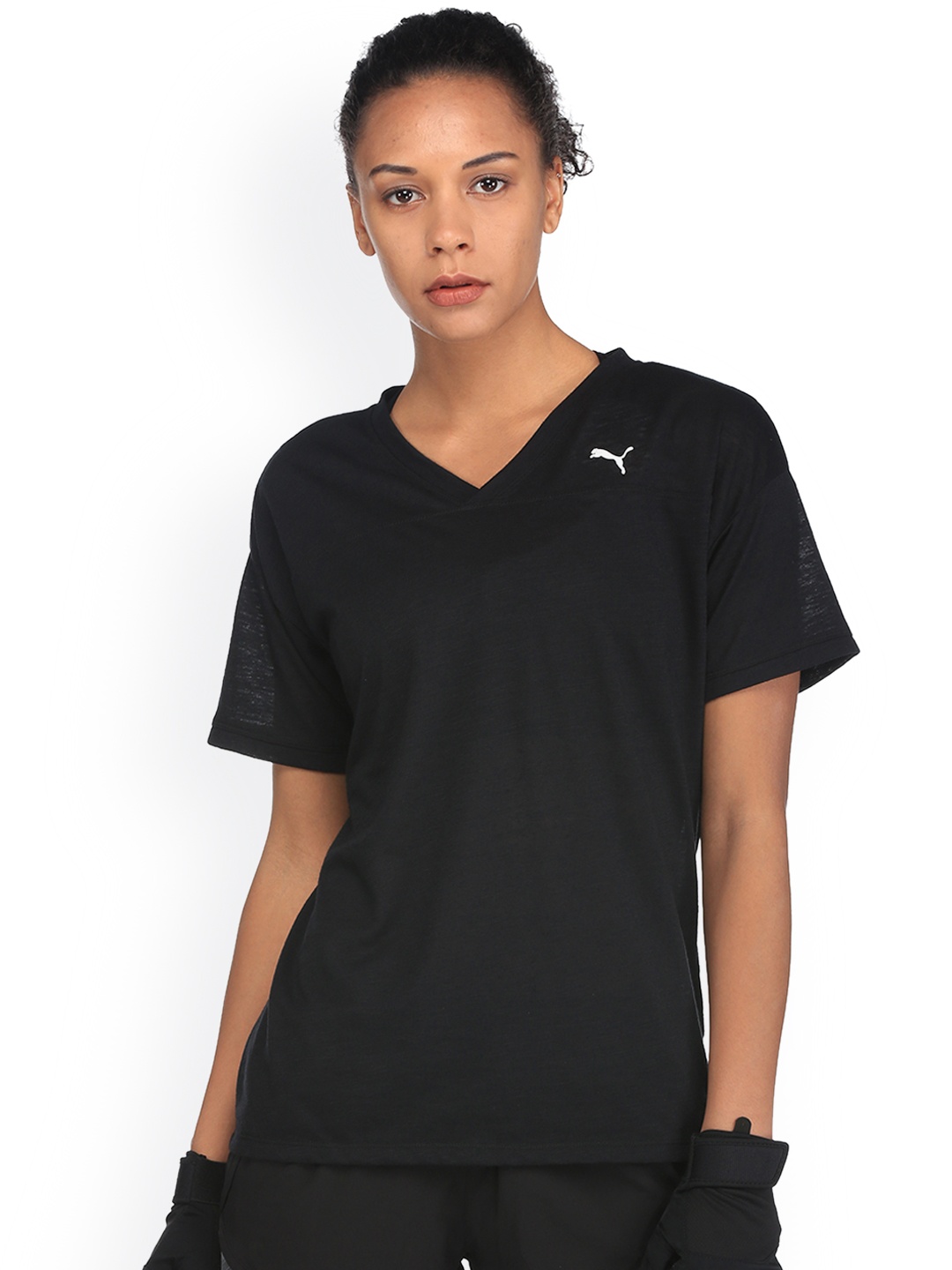 

Puma Women Black Solid V-Neck Boyfriend T-shirt