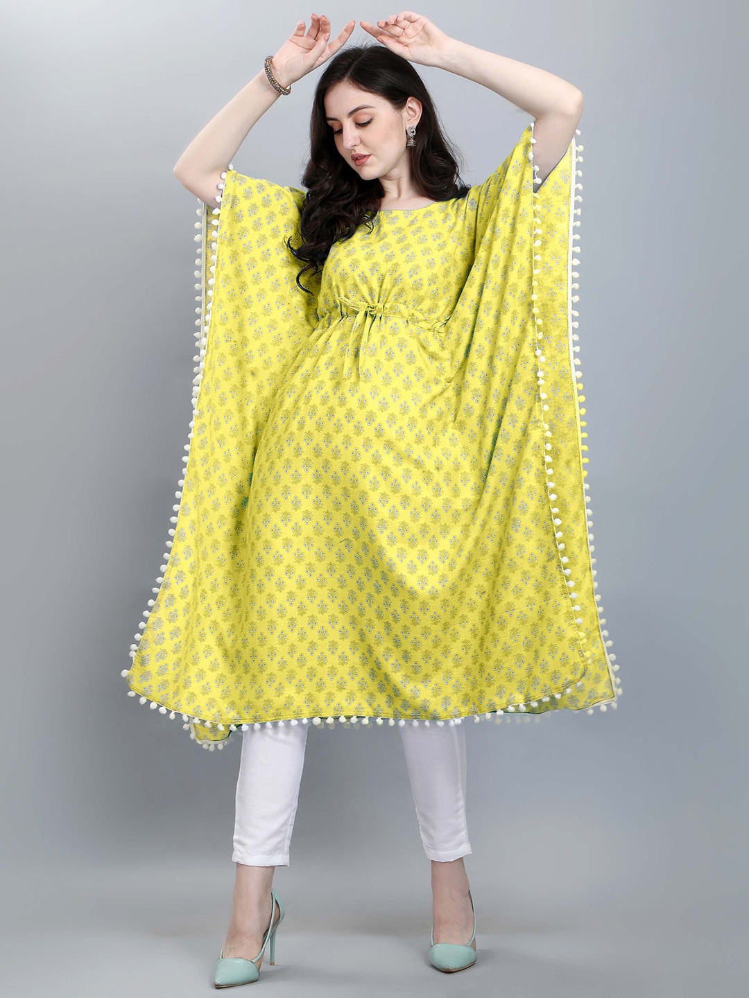 

FAVRIZ Ethnic Motifs Printed Cotton Kaftan Kurta, Yellow