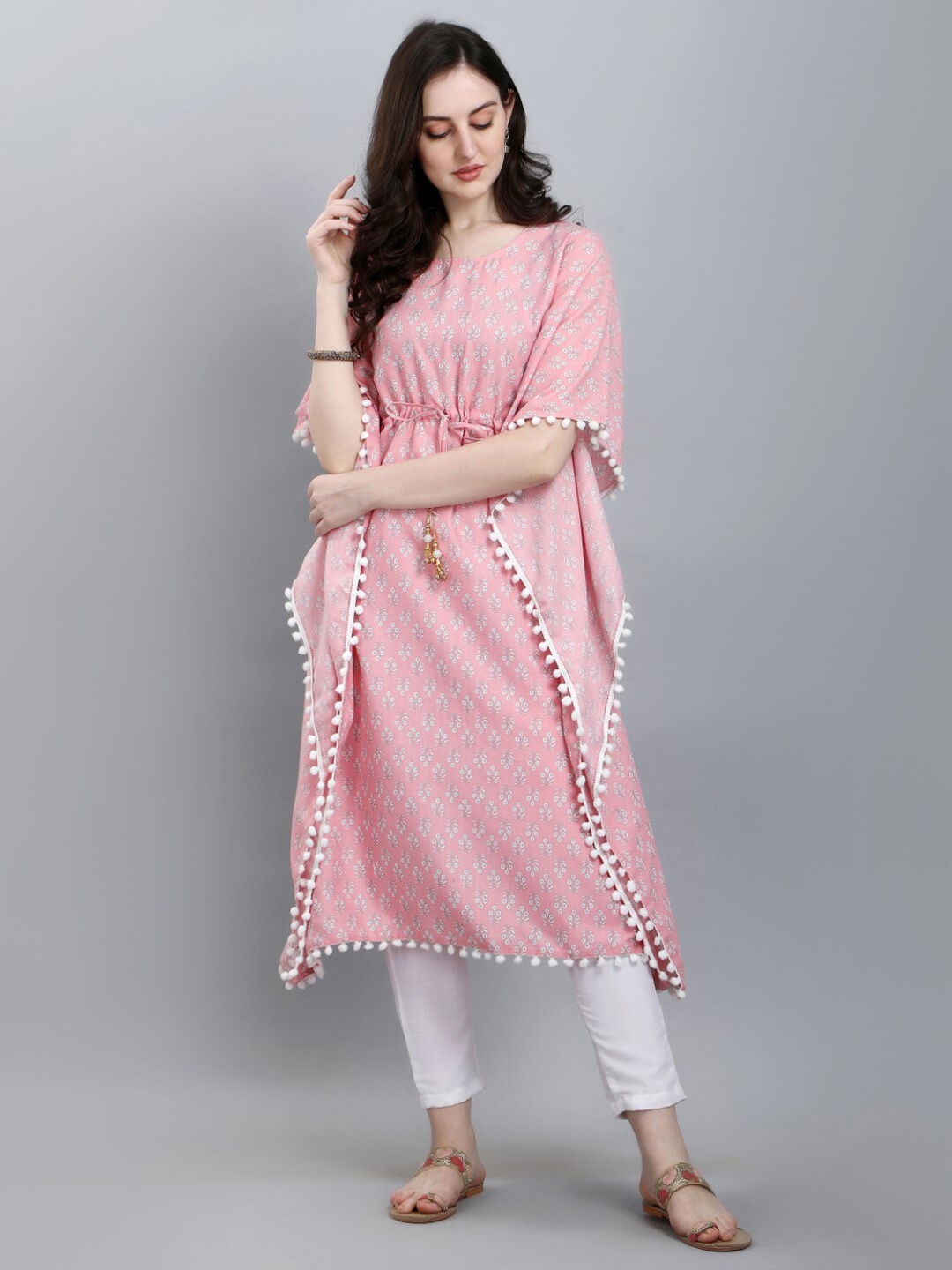 

FAVRIZ Floral Printed Cotton Kaftan Kurta, Pink