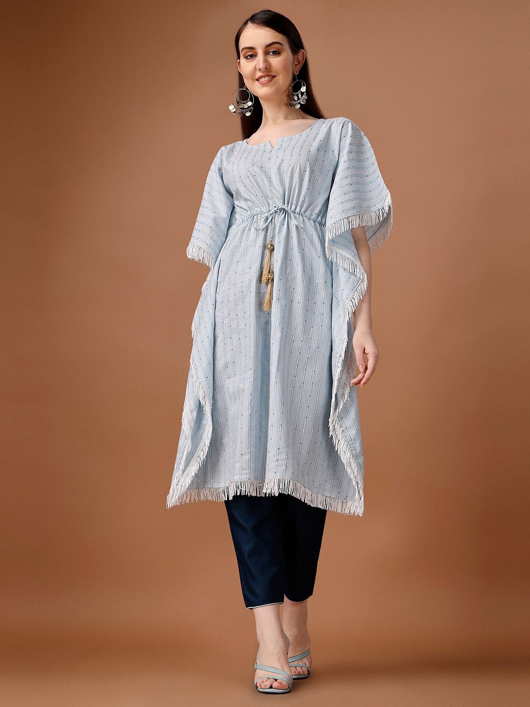 

FAVRIZ Striped Sequined Cotton Kaftan Kurta, Blue