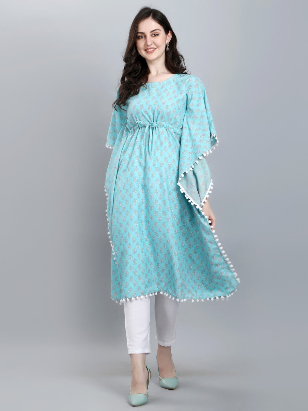 

FAVRIZ Ethnic Motifs Printed Cotton Kaftan Kurta, Turquoise blue