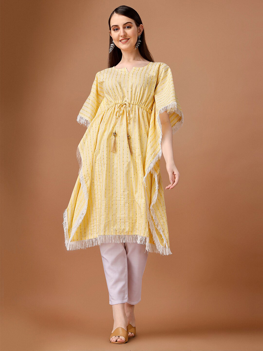 

FAVRIZ Striped Sequined Cotton Kaftan Kurta, Yellow