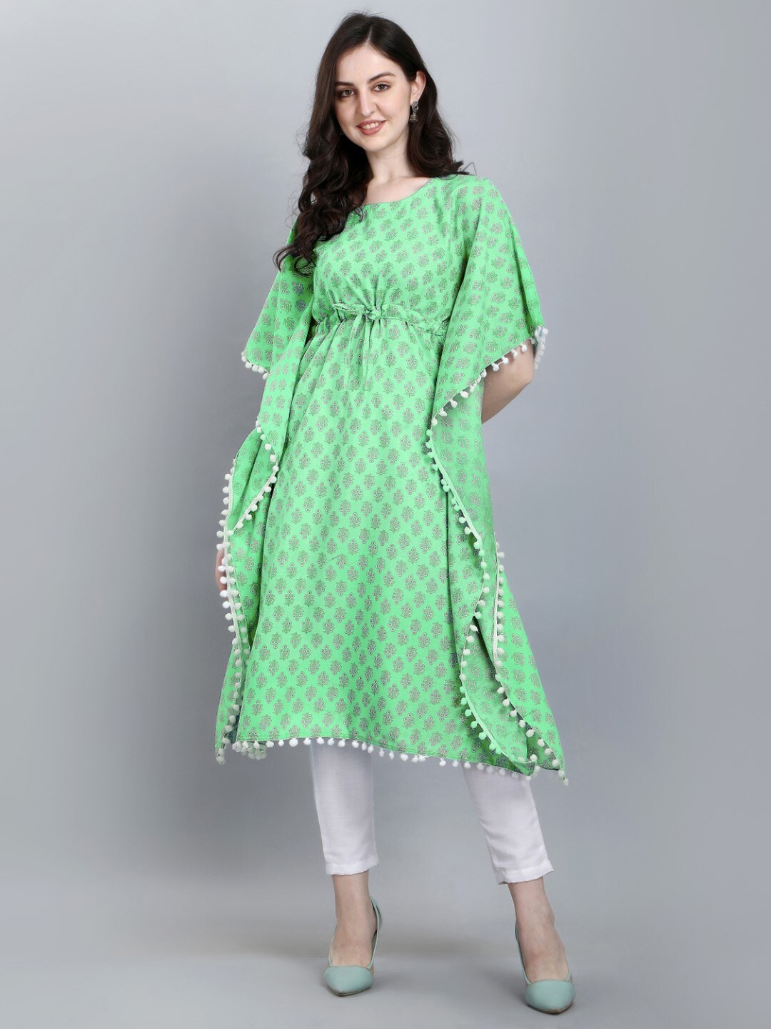 

FAVRIZ Ethnic Motifs Printed Cotton Kaftan Kurta, Green
