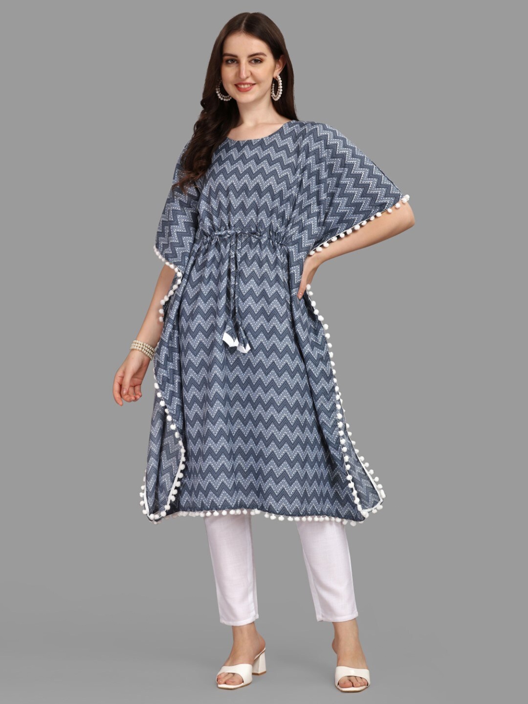 

FAVRIZ Navy Blue Print Cotton Kaftan Longline Top