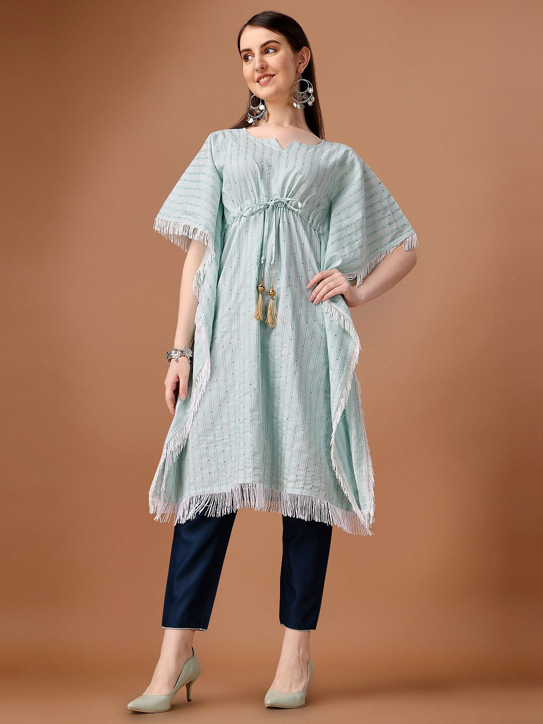 

FAVRIZ Striped Sequined Cotton Kaftan Kurta, Blue