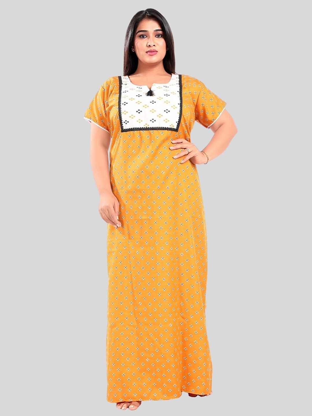 

Fabme Ethnic Motifs Printed Pure Cotton Maxi Nightdress, Yellow