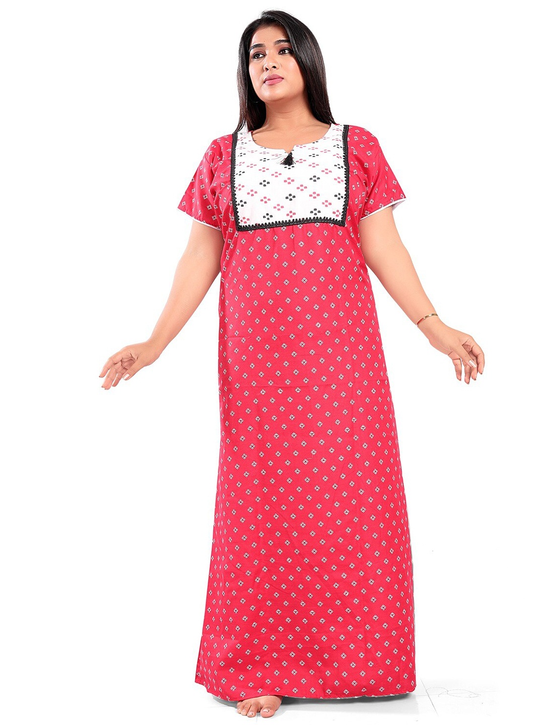 

Fabme Ethnic Motifs Printed Pure Cotton Maxi Nightdress, Red