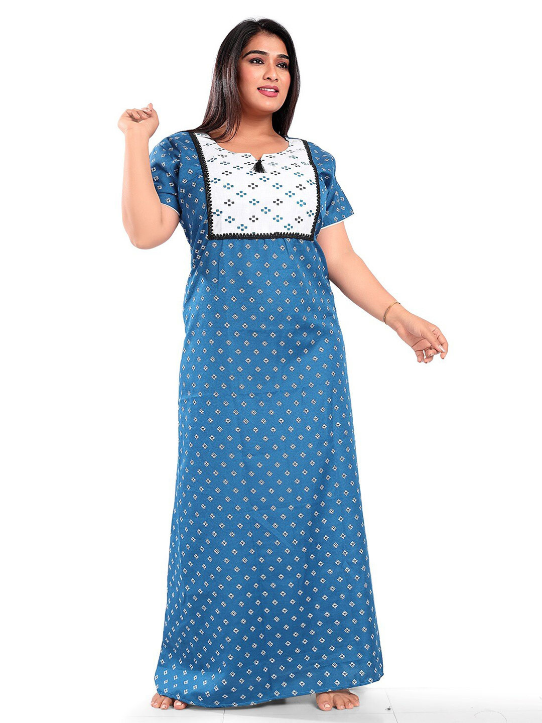

Fabme Ethnic Motifs Printed Pure Cotton Maxi Nightdress, Teal