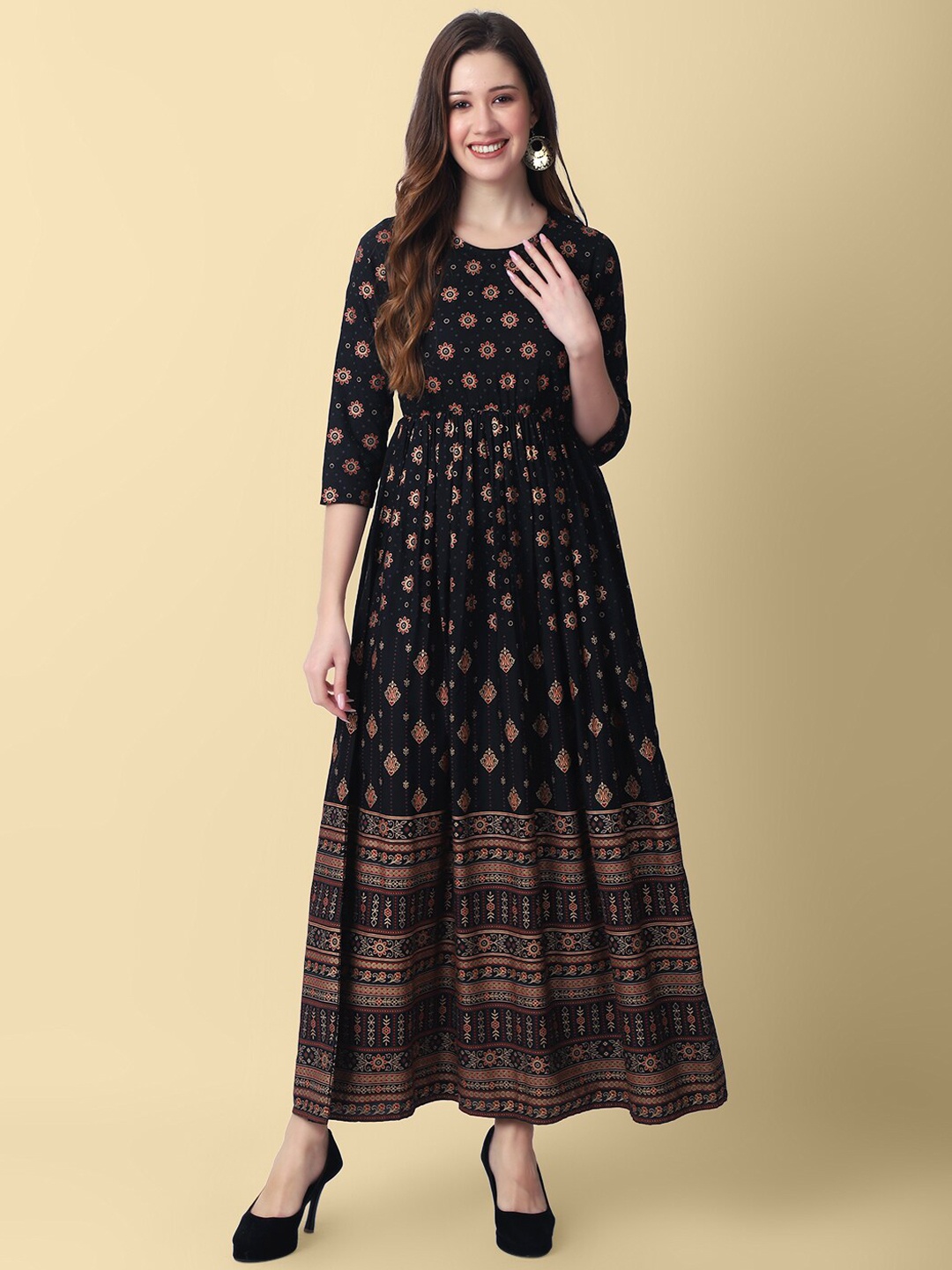 

DAEVISH Ethnic Motifs Printed Fit & Flare Maxi Ethnic Dress, Black