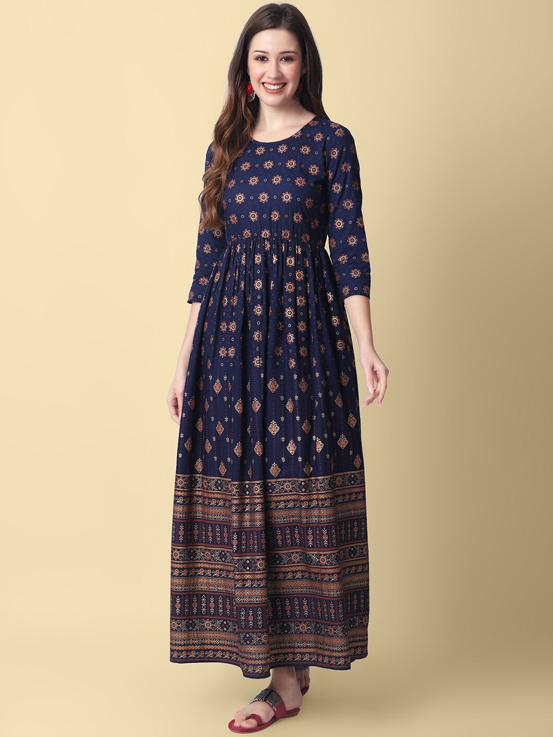 

DAEVISH Ethnic Motifs Printed Fit & Flare Maxi Ethnic Dress, Blue