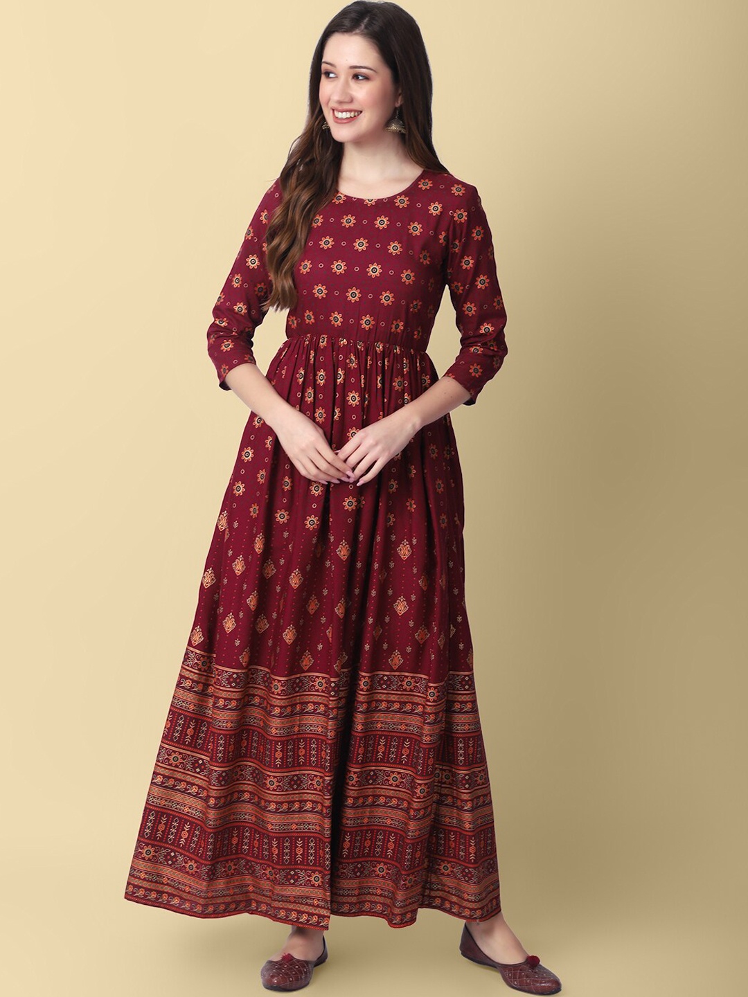 

DAEVISH Ethnic Motifs Printed Fit & Flare Maxi Ethnic Dress, Maroon