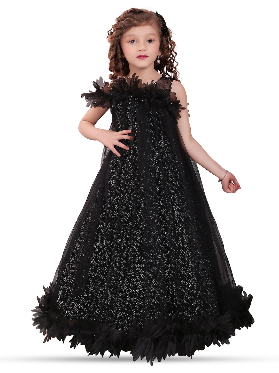 

ROVARS Self Designed Layered Net A-Line Maxi Dress, Black