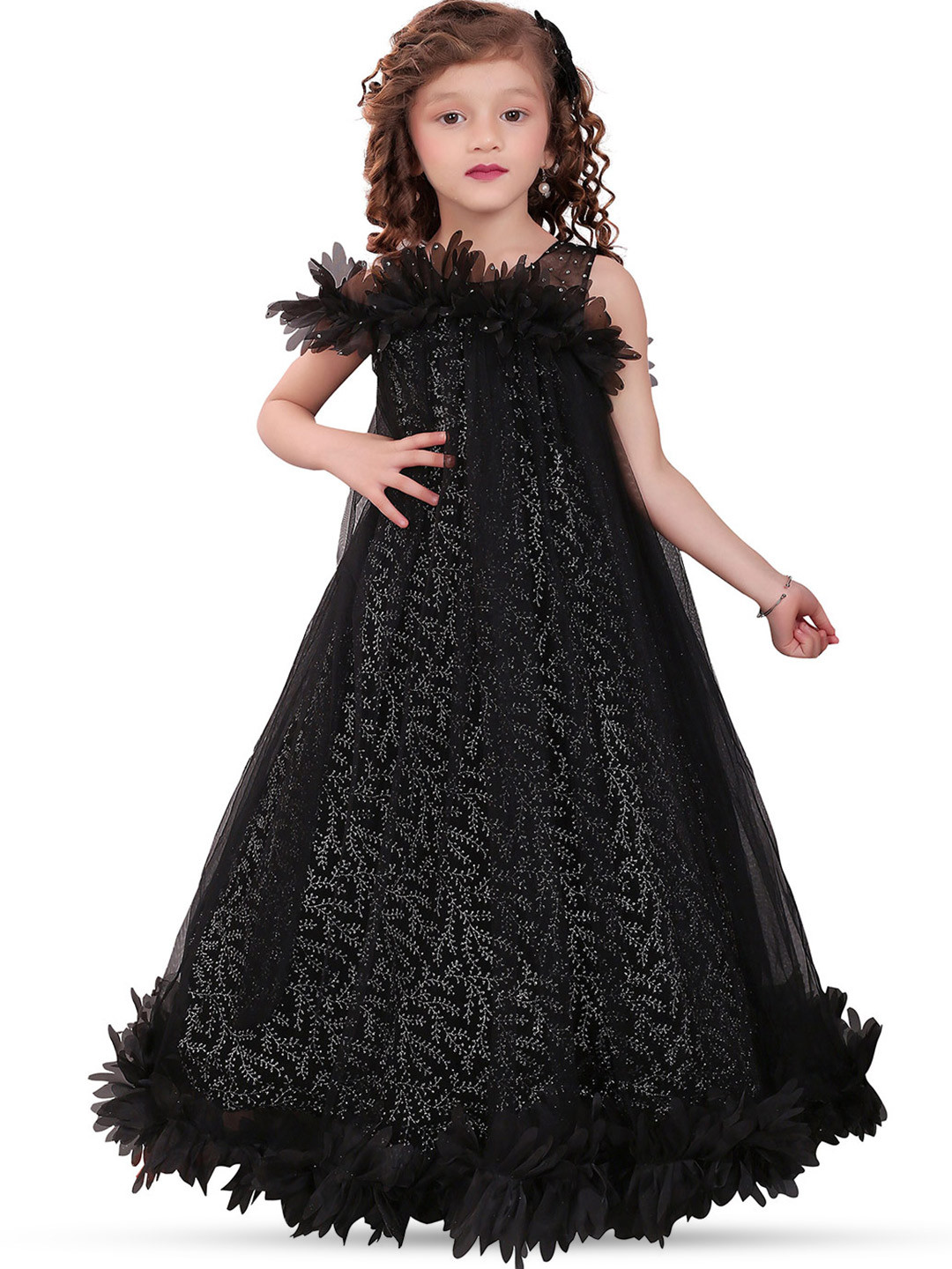 

ROVARS Self Designed Layered Net A-Line Maxi Dress, Black