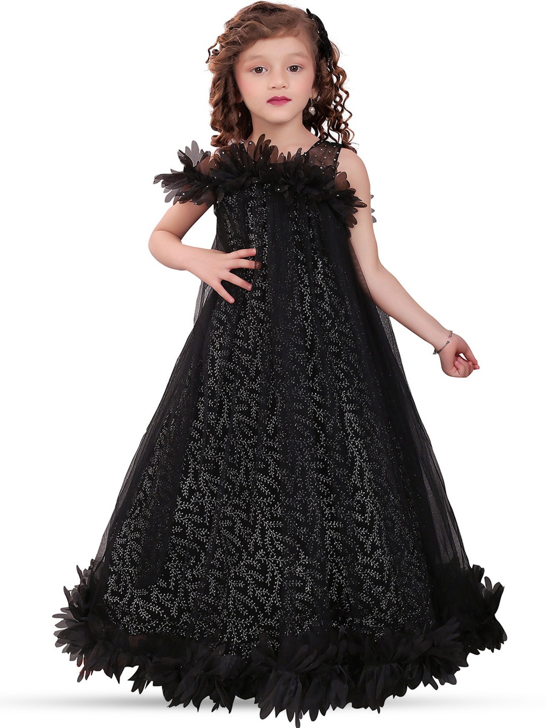 

ROVARS Self Designed Layered Net A-Line Maxi Dress, Black