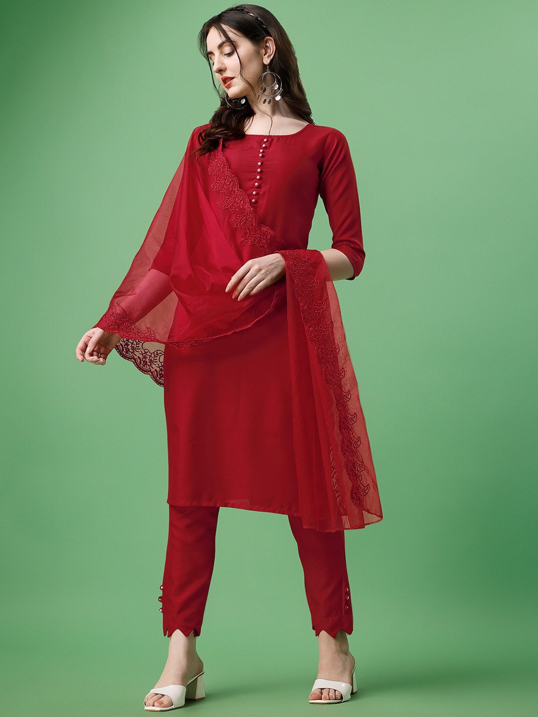 

ASPORA Straight Kurta with Trousers & Dupatta, Red