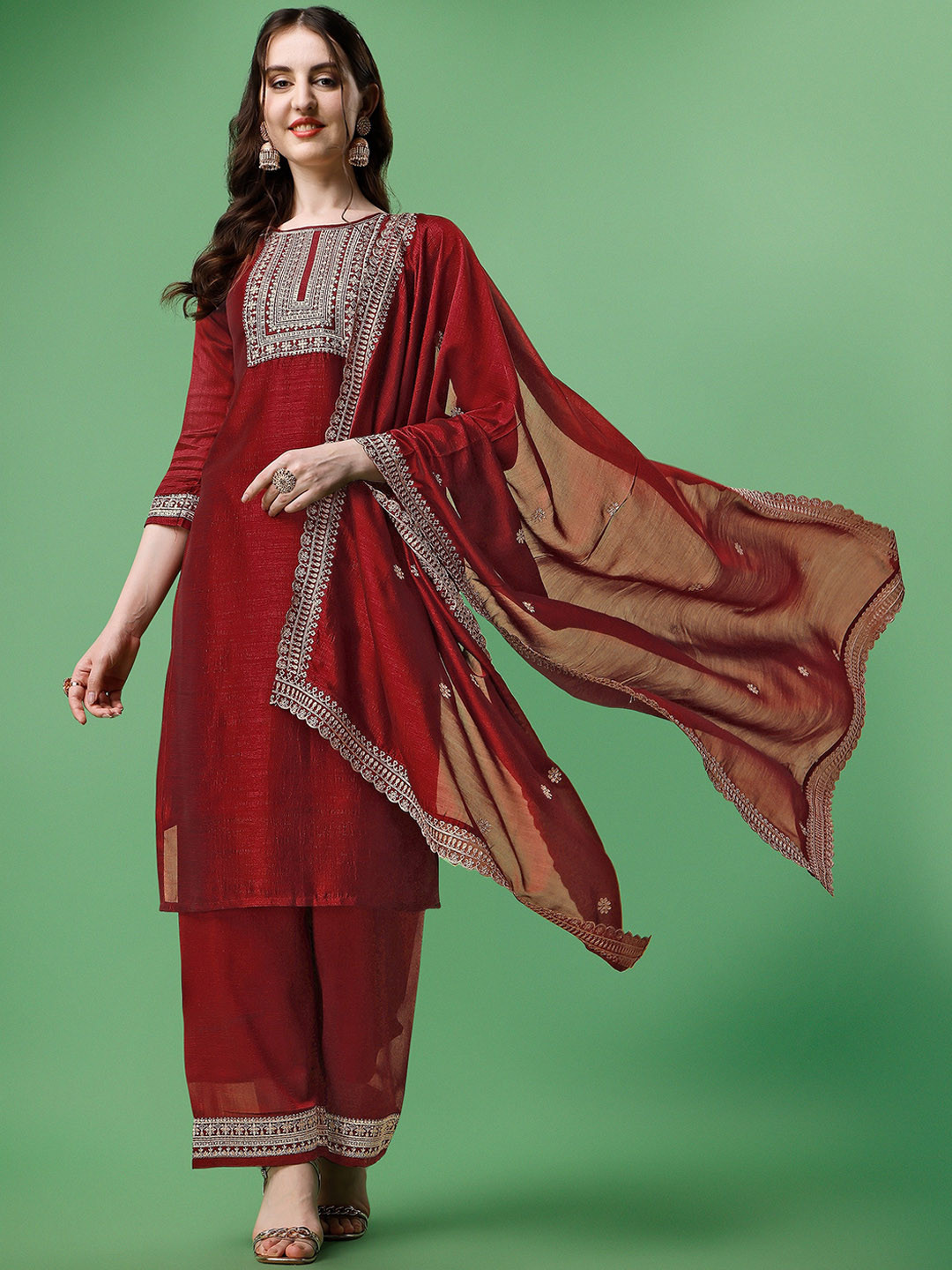 

ASPORA Ethnic Motifs Yoke Design Sequinned Zari Kurta with Palazzos & Dupatta, Red