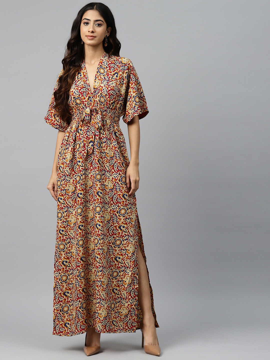 

Rang Gali Red & Beige Print Kimono Sleeve Crepe Maxi Dress