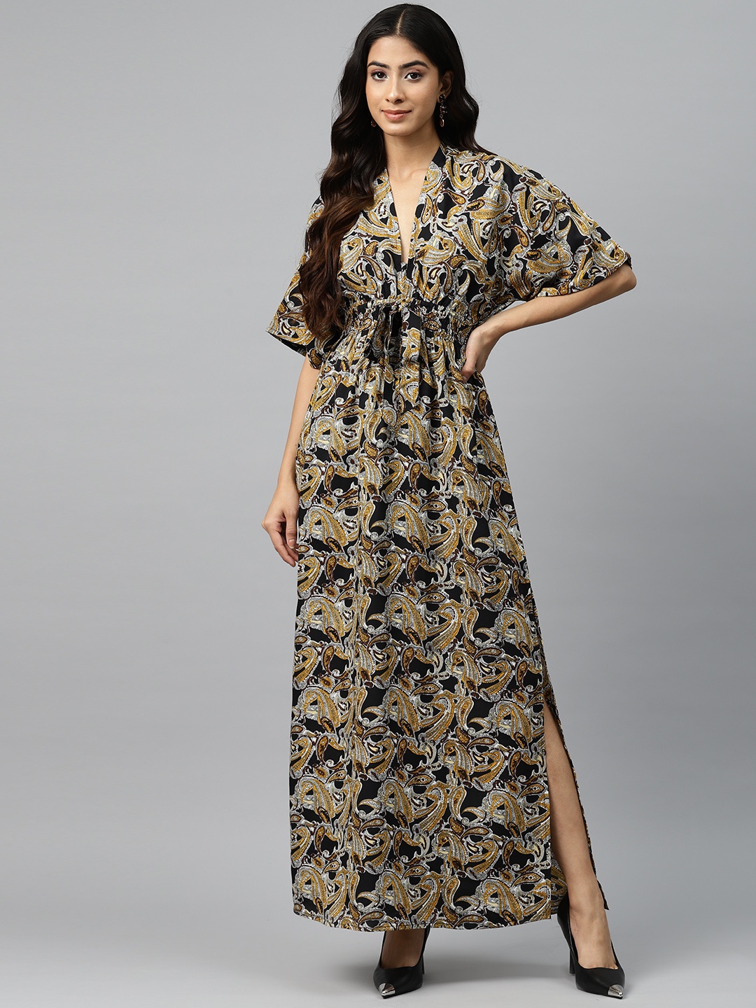 

Rang Gali Black & Mustard Yellow Print Kimono Sleeve Crepe Maxi Dress