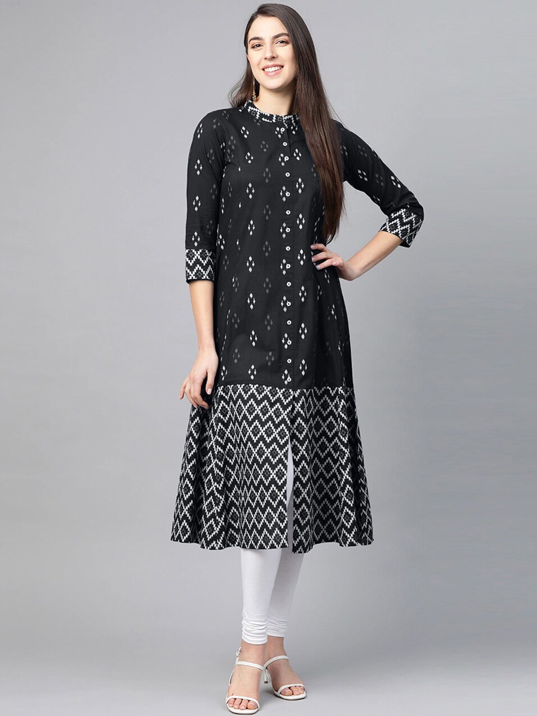 

YASH GALLERY Geometric Ikat Printed Cotton A-Line Kurta, Black