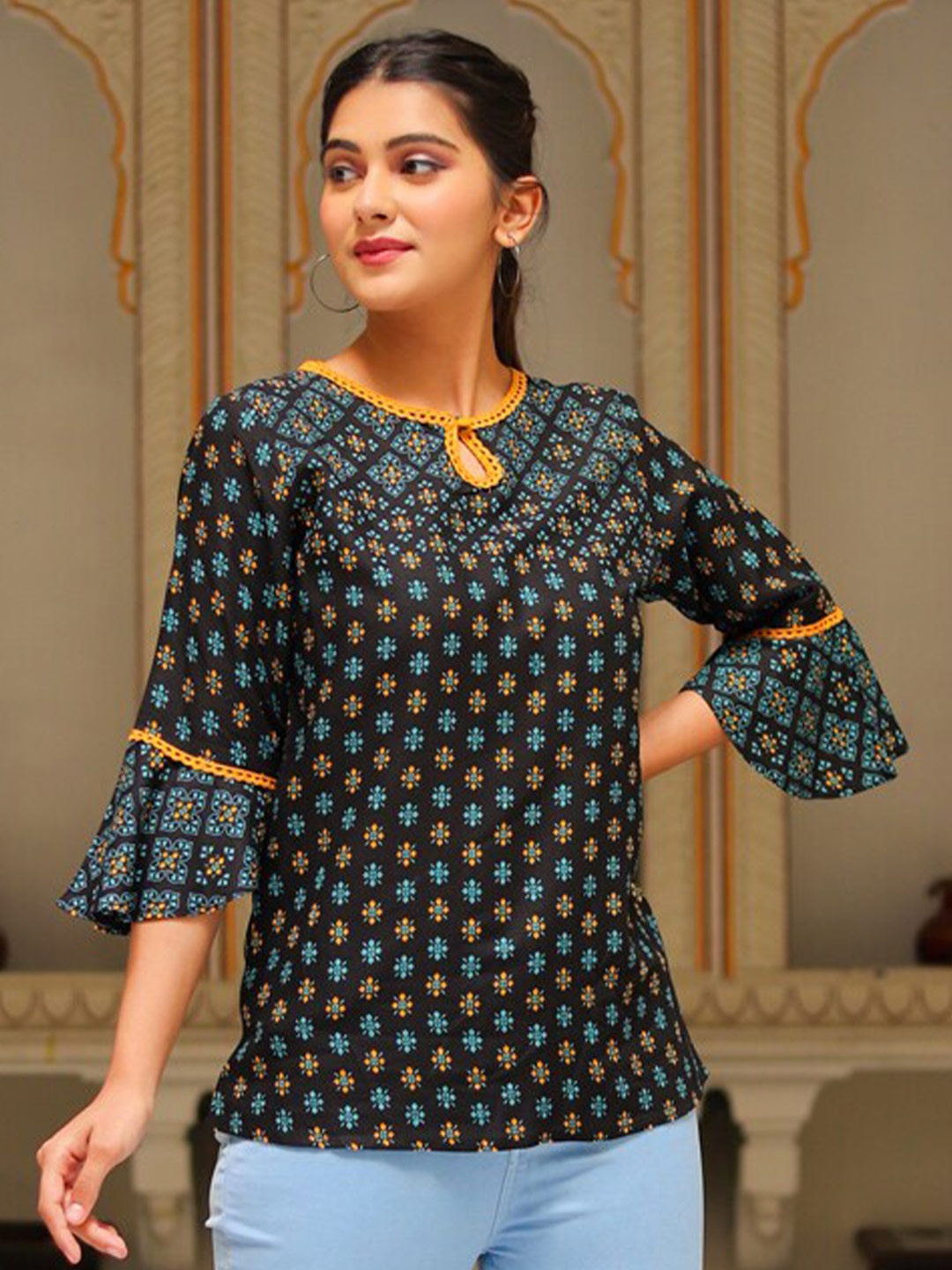 

YASH GALLERY Ethnic Motifs Print Bell Sleeves Top, Black