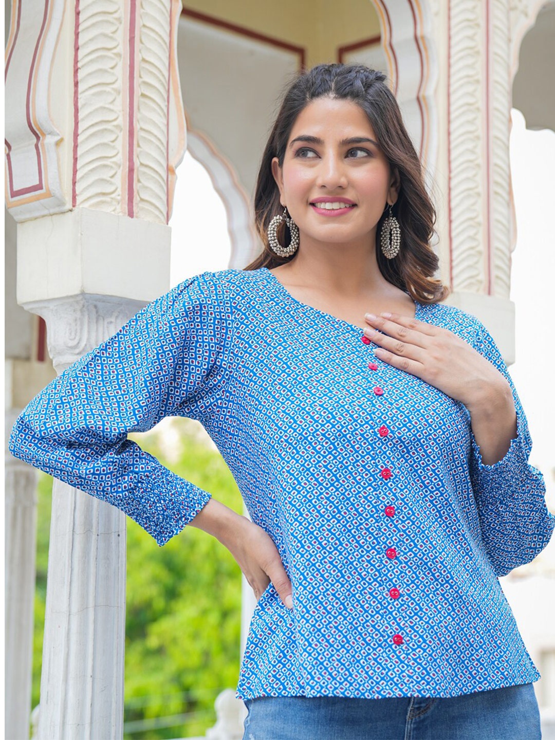 

YASH GALLERY Geometric Printed Puff Sleeves Top, Blue