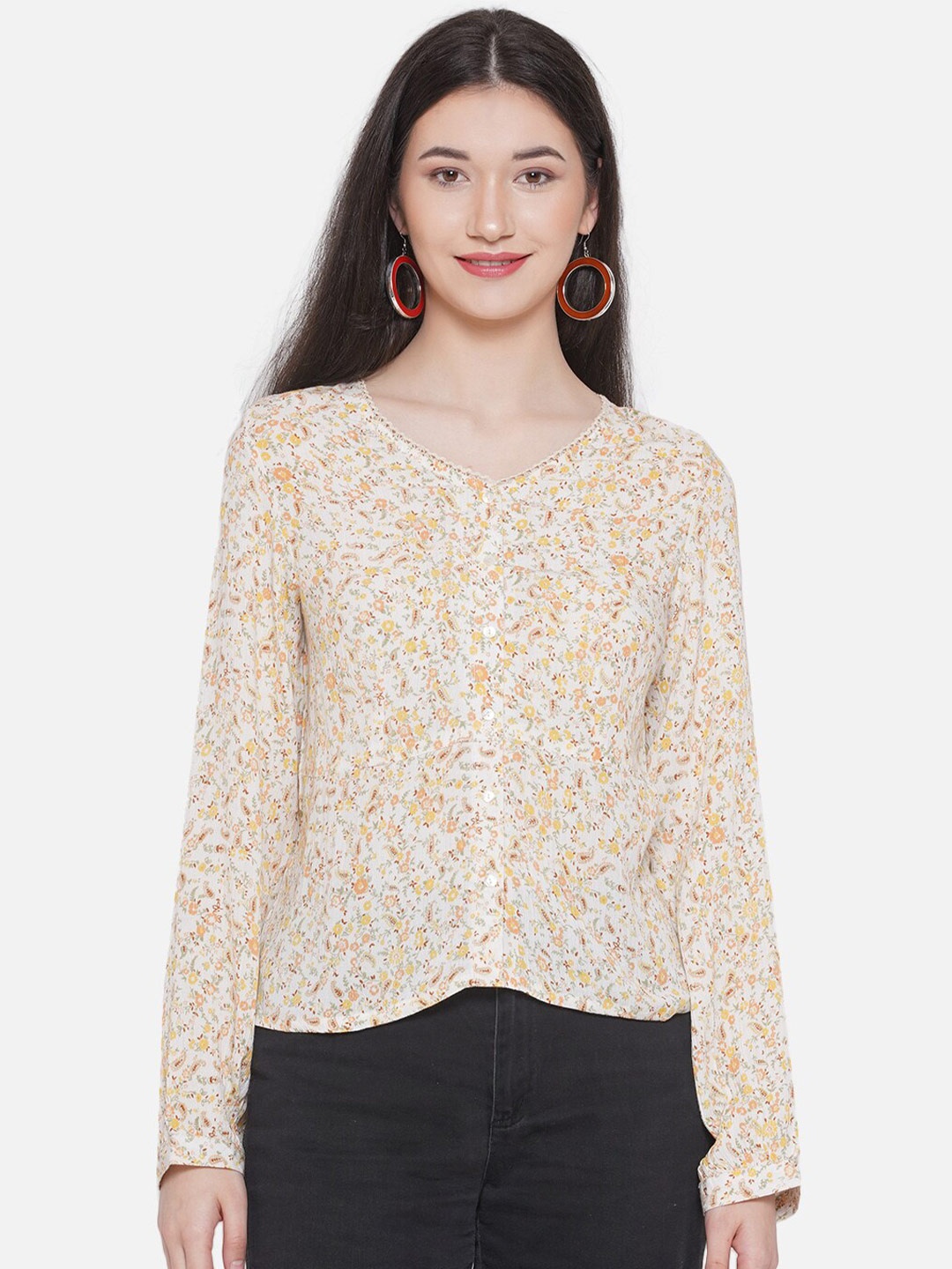 

bellamia Floral Printed V-Neck Long Sleeves Top, Yellow