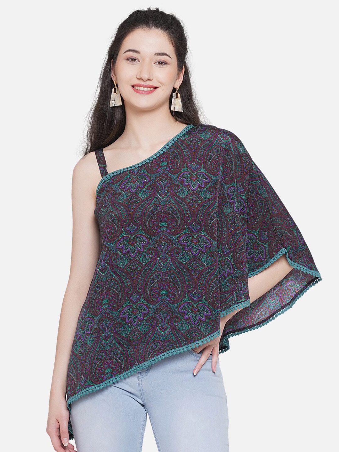 

bellamia Floral Printed One Shoulder Extended Sleeves Top, Purple