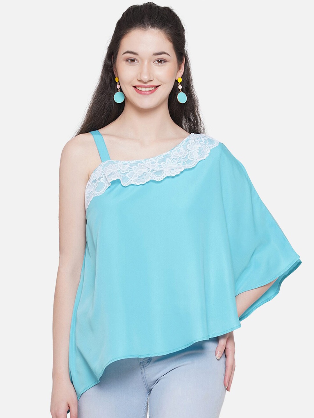 

bellamia One Shoulder Extended Sleeves Laced Top, Blue