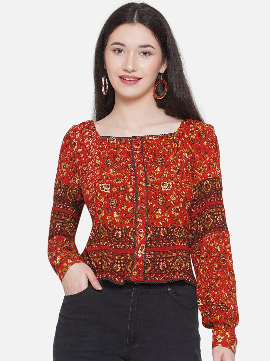 

bellamia Floral Printed Square Neck Cuffed Sleeves Shirt Style Top, Red