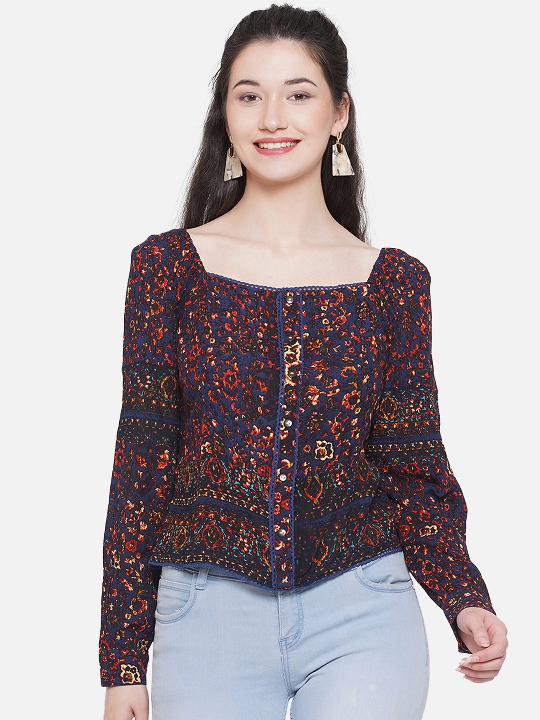 

bellamia Floral Printed Square Neck Cuffed Sleeves Shirt Style Top, Blue