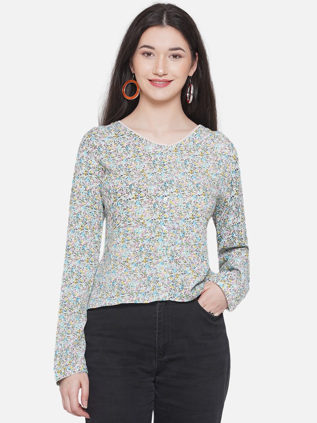 

bellamia Floral Printed V-Neck Long Sleeves Top, White