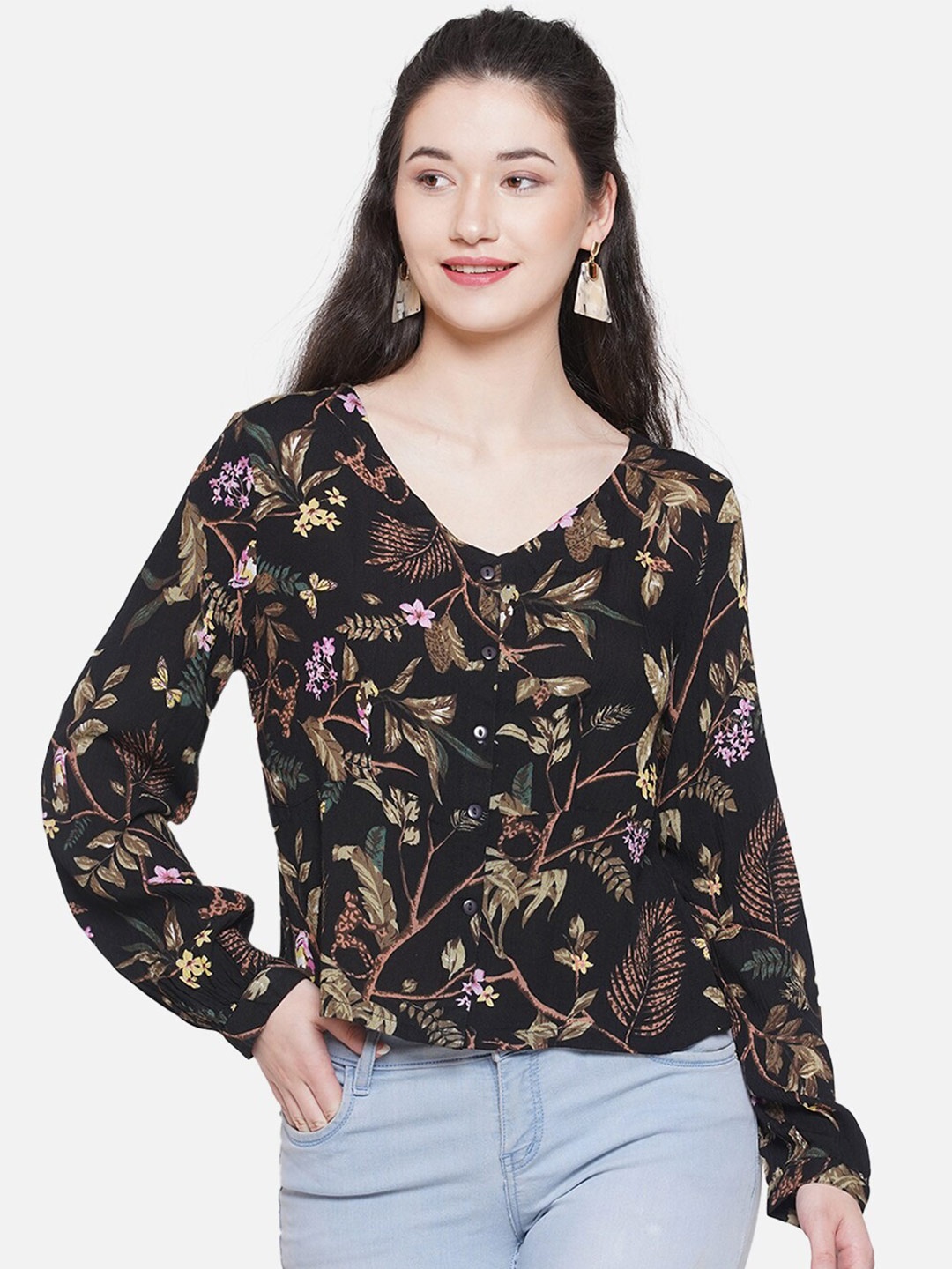 

bellamia Floral Printed V-Neck Cuffed Sleeves Shirt Style Top, Black