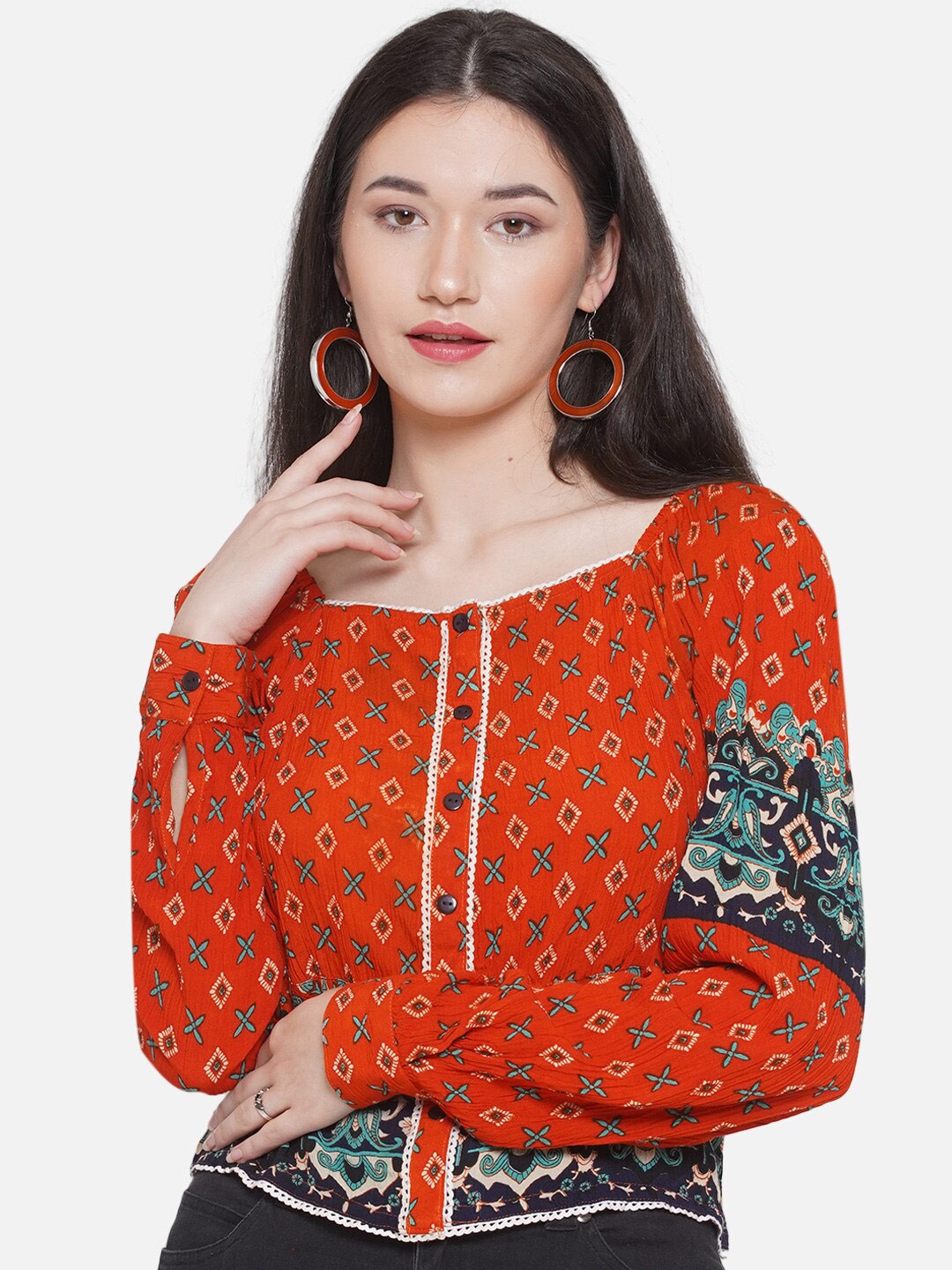 

bellamia Ethnic Motifs Printed Square Neck Cuffed Sleeves Shirt Style Top, Orange