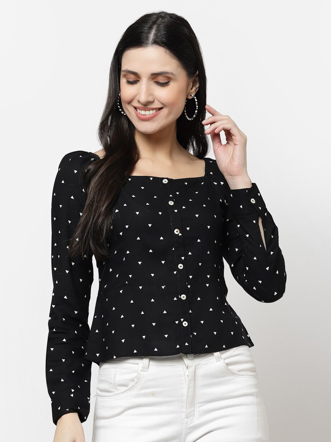 

bellamia Geometric Printed Square Neck Cuffed Sleeves Shirt Style Top, Black